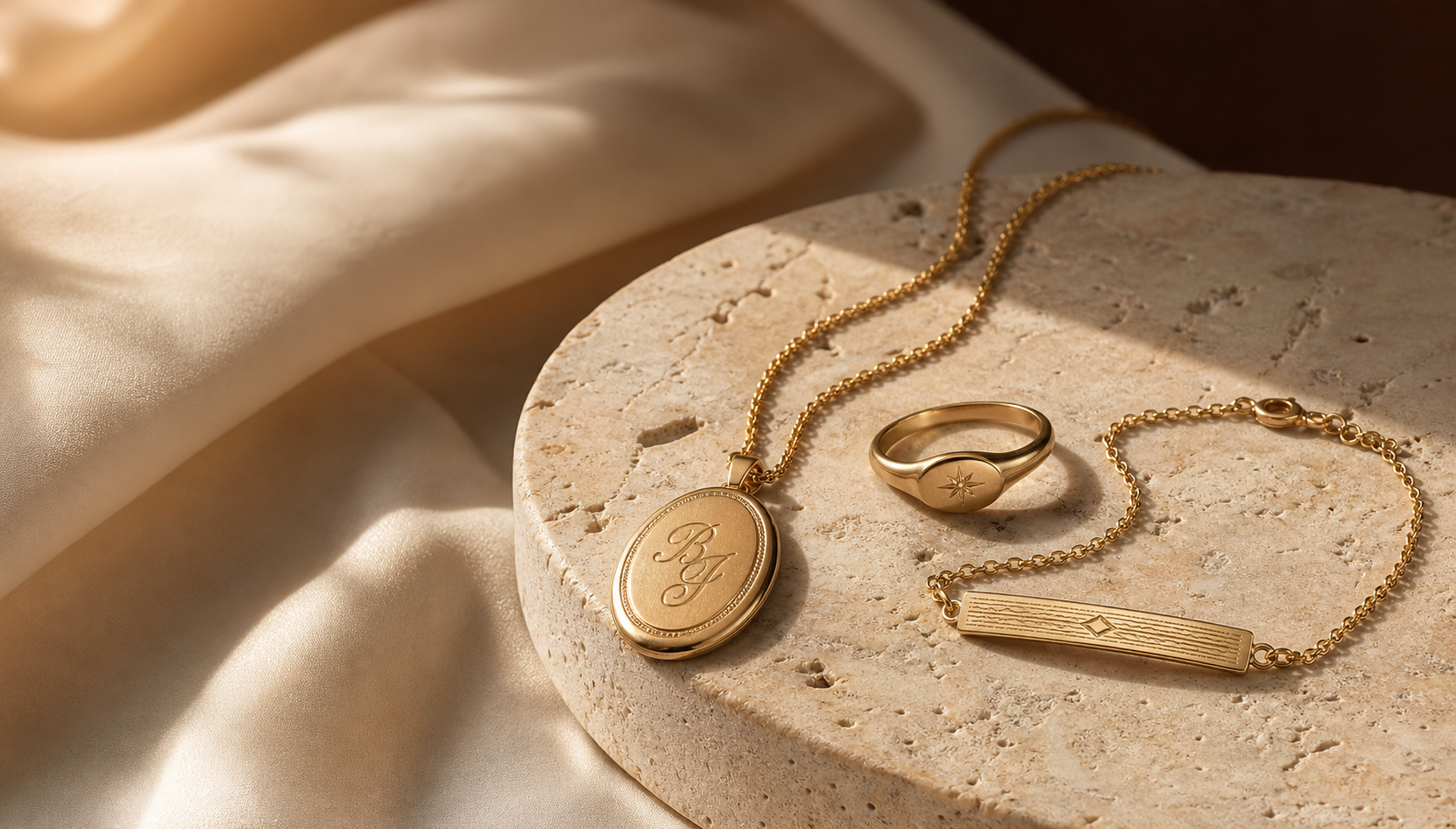 Engraved gold jewelry arranged on warm stone
